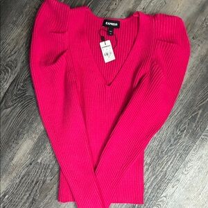 Express Women's Bright Pink Ribbed V-Neck Sweater